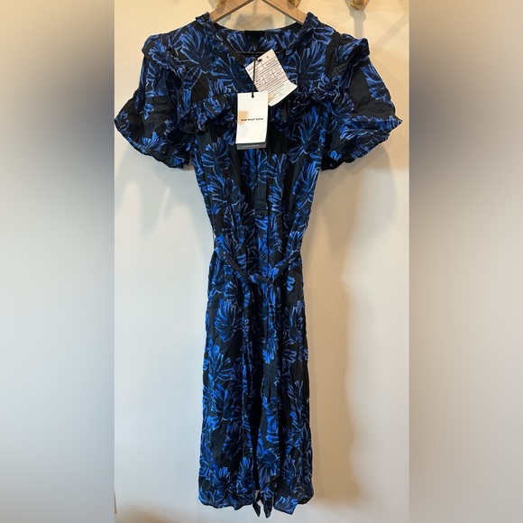 NWT ~ Who What Wear ~ MIDI Ruffled Shirt Dress ~ Floral Black & Blue ~ Small - Picture 3 of 13